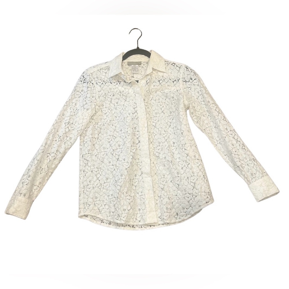 The Territory Ahead Floral Lace Long Sleeve Button Down Shirt | White | Size S